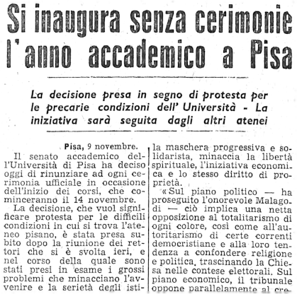 novembre, la notizia sui giornali della mancata cerimonia per l’a.a. 57/58